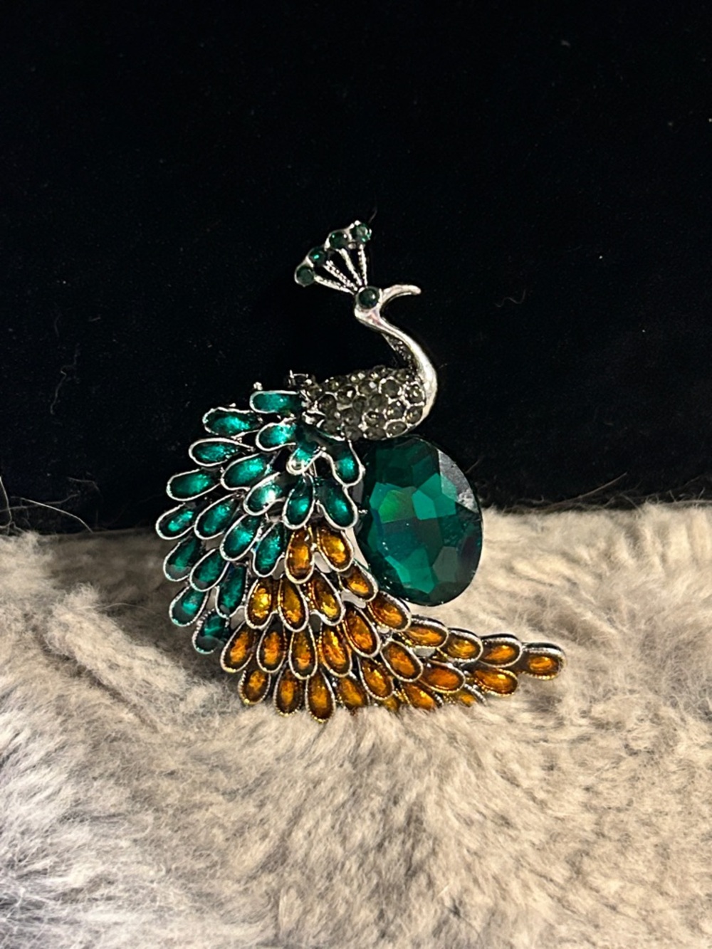 Emerald & Amber Peacock Brooch - Women's Jewelry